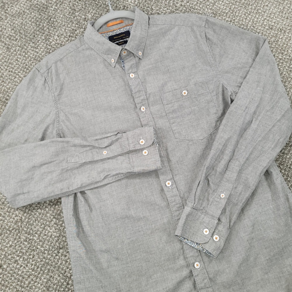 Denim & Flower Mens Slim Fit Gray Cotton Button Down Shirt‎ Medium Floral Trim